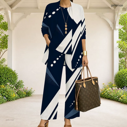 Radial Geometric 3-Piece Pants Set | Stylish Cardigan & Wide-Leg Pants