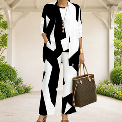Chic Black & White Abstract Geometric 3-Piece Pants Set | Modern Coordinates