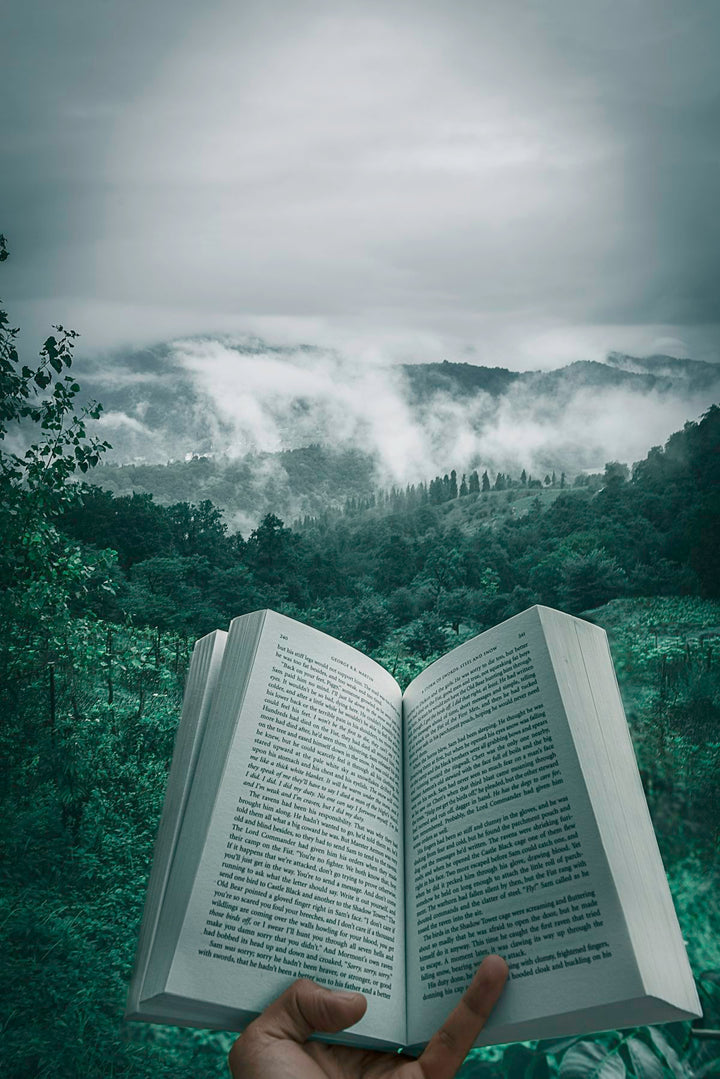 person holding open book viewing mountain view — illustrative stock photo