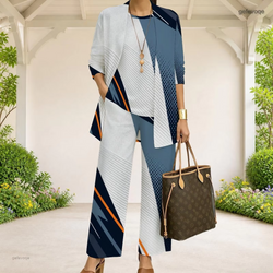 Radial Geometric 3-Piece Pants Set | Stylish Cardigan & Wide-Leg Pants