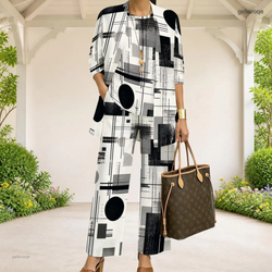 Radial Geometric 3-Piece Pants Set | Stylish Cardigan & Wide-Leg Pants