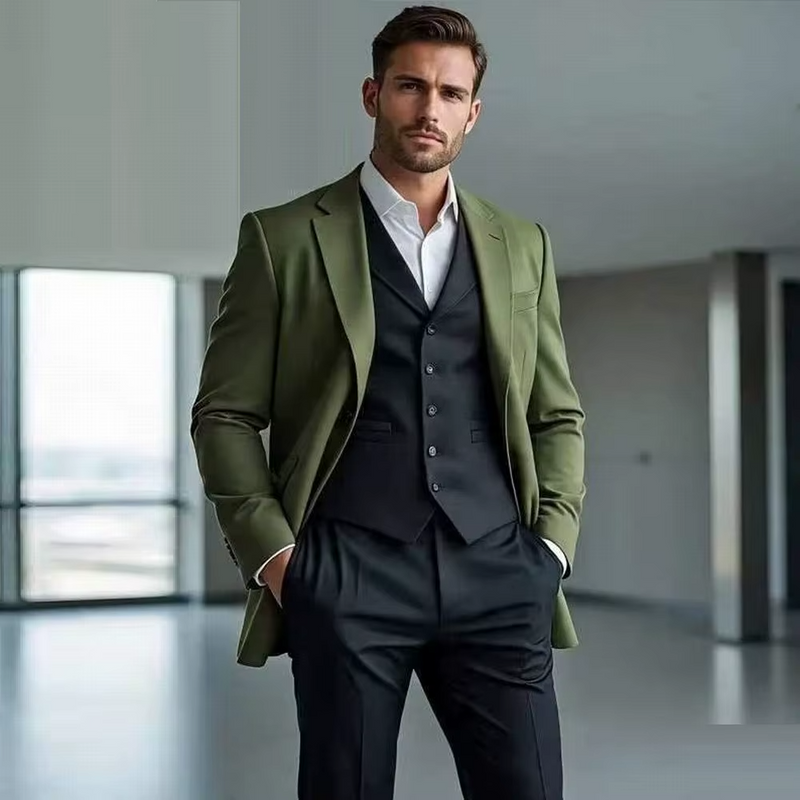 Army Green & Black Men's Three-Piece Suit